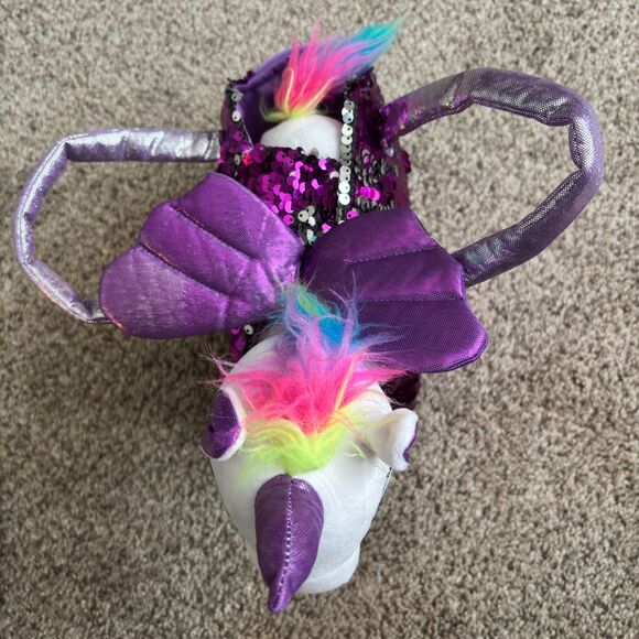 Little Jupiter Rainbow Winged Unicorn w/ Purple Reverse Sequined Carry Bag 9.5" - Picture 6 of 8